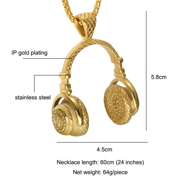 Hip Punk Gold Color Titanium Stainless Steel Sport Headset Music Carnival Headphones Pendants Necklaces For Men 3.jpg
